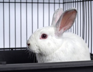 Fototapeta premium White rabbit in a wire cage