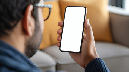 Man Holding Smartphone with Blank Screen Indoors for App Display and Mockup Use