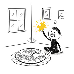 Last Piece of Puzzle. Young boy celebrating while holding piece of puzzle indoors  