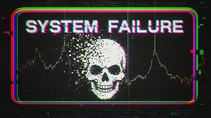 System failure digital screen with skull and data graph glitch effect cyber