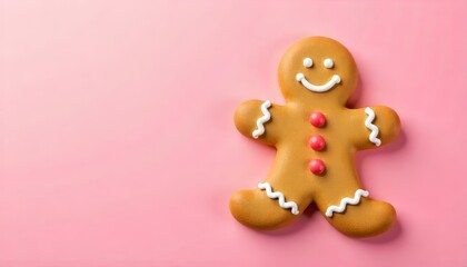 Naklejka premium A classic gingerbread man cookie decorated with white icing and red buttons, set on a plain pink background.