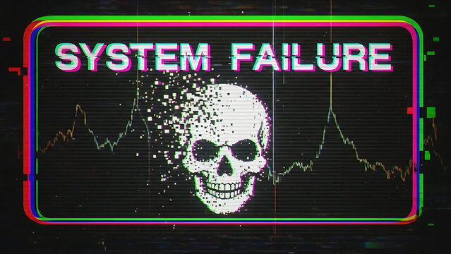 System failure digital screen with skull and data graph glitch effect cyber - Powered by Adobe