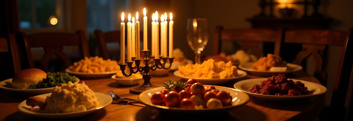 A glowing Hanukkiah lights up a festive dinner table, filled with traditional Hanukkah dishes and joyful family gatherings. High quality photo