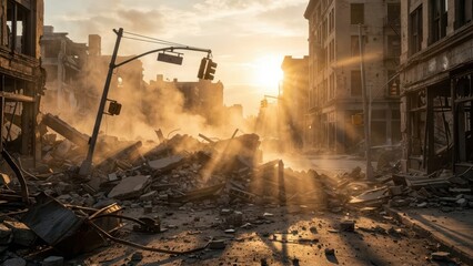 Post apocalyptic urban landscape rubble and debris aftermath disaster scene sunset cityscape destruction