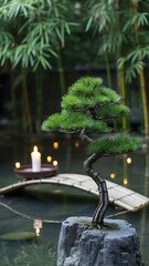 Serene Japanese Garden Scene with Bonsai Tree, Bamboo Bridge, Floating Candles, and Tranquil Water, Evoking Peace and Harmony in a Zen-Inspired Setting