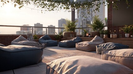 Rooftop lounge area with beanbag chairs and city views in the evening sunlight