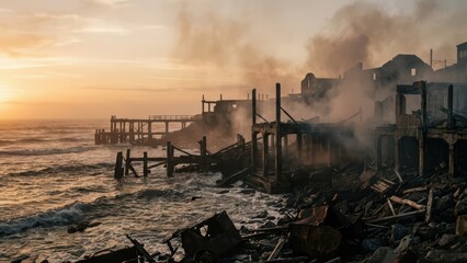 Apocalyptic coastline ruins landscape photography with ocean waves and sunset scenic view travel photo