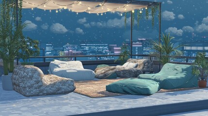 Rooftop lounge area with city views and comfortable seating at night scene