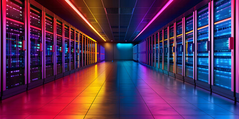 Modern data center with colorful LED lighting creating a futuristic and vibrant atmosphere.