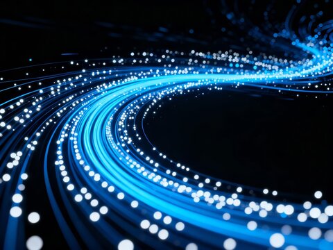 Abstract blue light trails forming a spiral pattern against a dark background - Powered by Adobe