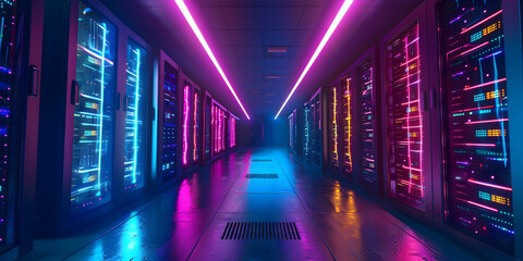 Futuristic data center illuminated by vibrant neon lights, symbolizing advanced technology and digital infrastructure.