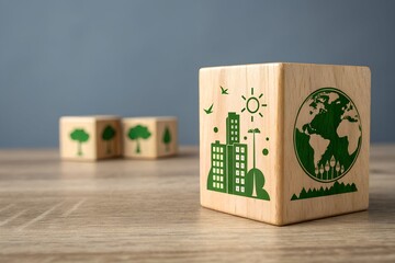Fototapeta premium Sustainable city and earth concept depicted on wooden blocks for eco awareness