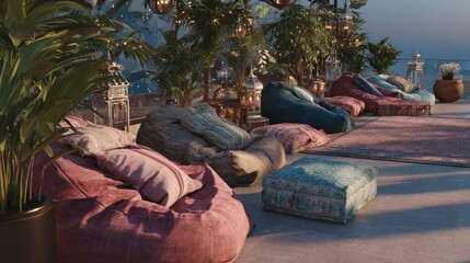 Comfortable rooftop lounge area with beanbag seating and decorative lanterns glow