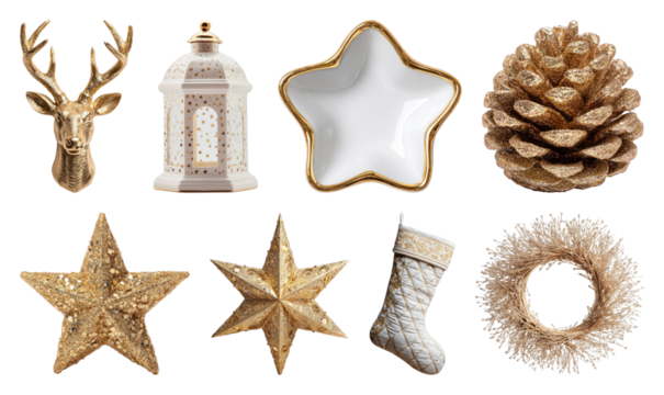 PNG Elegant gold holiday decorations collection, element set on transparent background