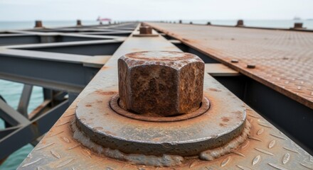 Close-up of a rusty bolt on a metal bridge structure.