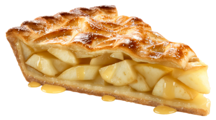 Delicious slice of apple pie with flaky lattice crust, topped with powdered sugar and drizzled with caramel sauce, perfect for baked goods advertising and food blogs