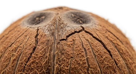 Fototapeta premium Close-up view of a cracked coconut shell with three dark spots.