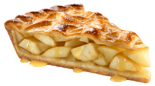 Delicious slice of apple pie with flaky lattice crust, topped with powdered sugar and drizzled with caramel sauce, perfect for baked goods advertising and food blogs