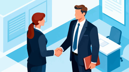 Fototapeta premium This isometric office illustration shows two men shaking hands, surrounded by desks, computers, documents, and plants, representing a business agreement or partnership.