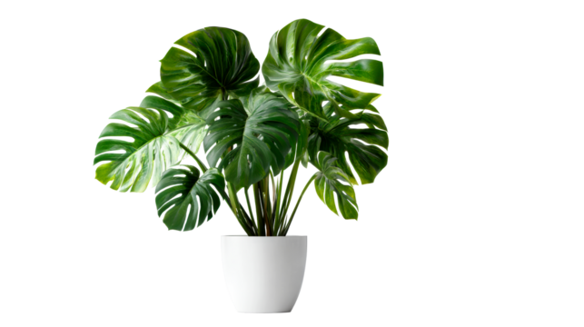 Lush green Monstera plant in a white modern pot for home decor and interior design promotion, conveying natural beauty and freshness for living spaces.