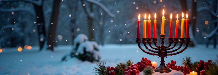 A vibrant Hanukkiah stands against a serene winter landscape, its candles casting a warm glow over the snowy scene. High quality photo