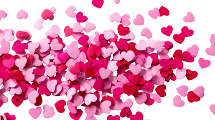 Numerous pink and red heart shapes scattered across a bright surface, ideal for Valentines Day, romance or celebration themes.