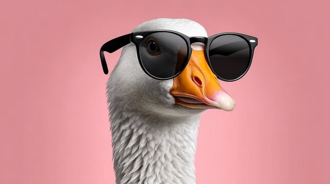 A duck wearing sunglasses and a black frame. The duck is looking at the camera. The image has a playful and fun mood