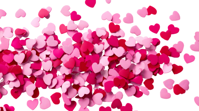 Numerous pink and red heart shapes scattered across a bright surface, ideal for Valentines Day, romance or celebration themes.