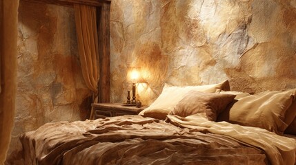 Cozy bedroom interior with warm lighting and textured walls in earth tones
