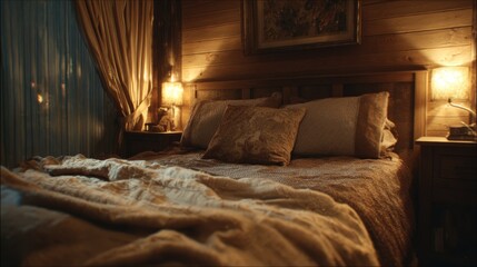Cozy bedroom with warm lighting and rustic wood paneling creates a relaxing vibe