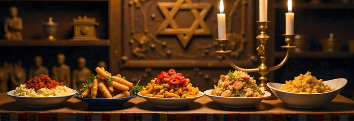 A glowing Hanukkiah lights up a festive dinner table, filled with traditional Hanukkah dishes and joyful family gatherings. High quality photo