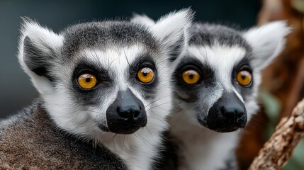 Obraz premium Two lemurs are staring at the camera with their eyes wide open. They are both looking at the camera and seem to be curious about the photographer