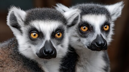Obraz premium Two lemurs are standing next to each other with their eyes open. They are both looking at the camera