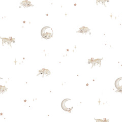 Seamless pattern with Labradors with tied to ribbon and stars with moon. Repeat ornament with hand drawn illustration dogs and baseball ball for design and beige grey muted tones for baby design.