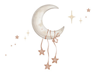 Horizontal composition with moon with red stars tied to a ribbon. Hand drawn watercolor illustration in muted tones for Baby shower invitations or nursery wall art. Drawing sky for kids greeting cards
