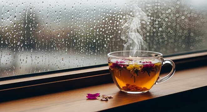 Steaming cup of herbal flower tea on a wooden windowsill with rain droplets on the window pane.