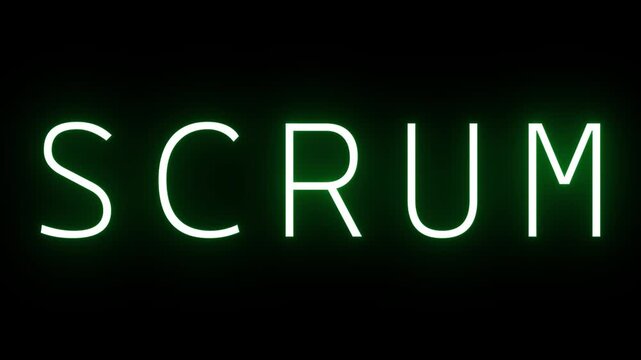 Green Neon Sign Spelling SCRUM on Black Background scrum text