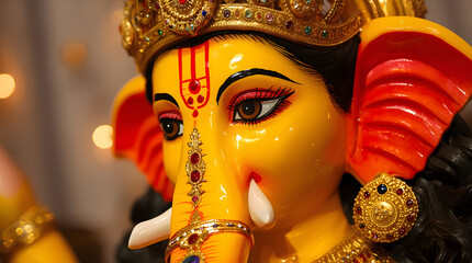 The image is a close-up of an idol of Ganesha, the elephant-headed Hindu god