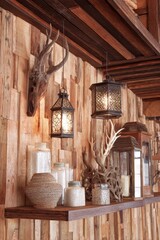 Rustic interior decor featuring lanterns jars and antlers on a wooden shelf