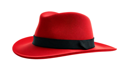 A stylish red fedora hat with a black band is presented against a white background, perfect for fashion articles and accessories campaigns.