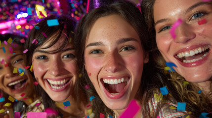 Fototapeta premium Happy Friends Celebrating New Year’s Eve Countdown With Confetti Explosion and Bright Lights Creating Fun and Memorable Moments