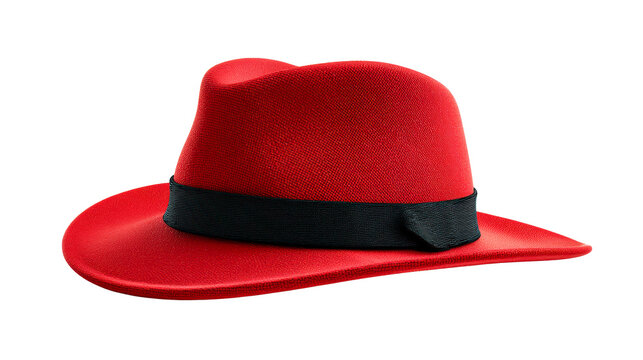 A stylish red fedora hat with a black band is presented against a white background, perfect for fashion articles and accessories campaigns.