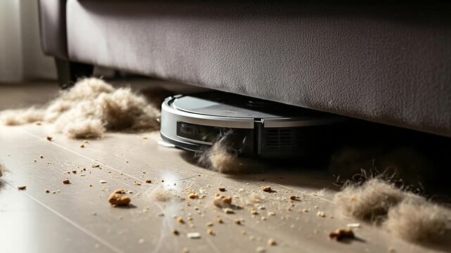 Robot vacuum cleaner struggling under sofa amidst pet hair mess