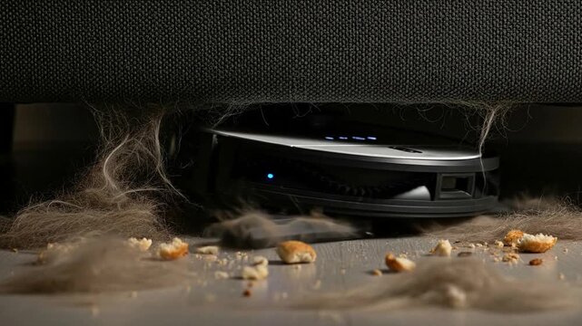 Robot vacuum cleaner struggles under sofa, pet hair and crumbs galore