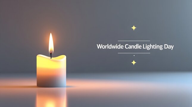 Worldwide Candle Lighting Day: Single White Burning Candle on a Reflective Surface Against a Soft Grey Background, Minimalist Memorial Concept