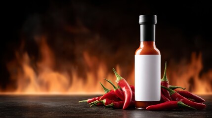 Spicy Temptation: A close-up shot of a hot sauce bottle, complemented by a cluster of vibrant red chili peppers and an artful fire backdrop, a feast for both the eyes and taste buds.