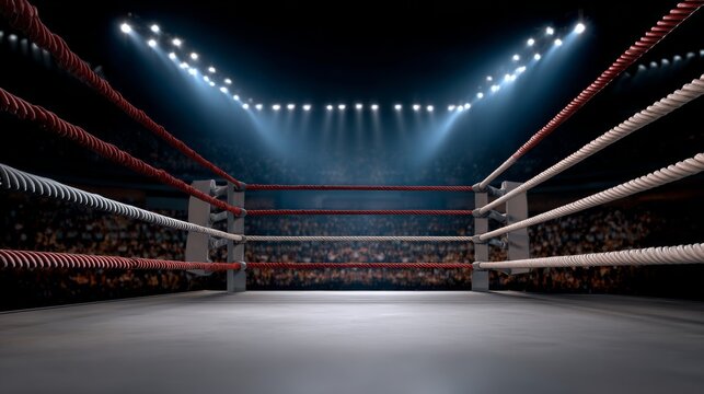 A boxing ring with a crowd of people watching. The ring is empty and the lights are on