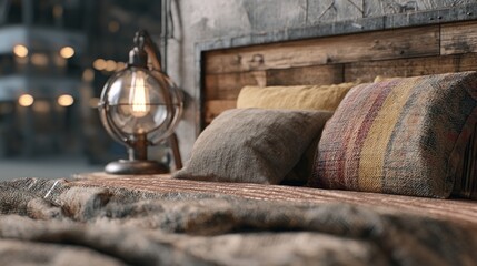 Rustic bedroom interior with textured pillows and vintage lighting creates warmth