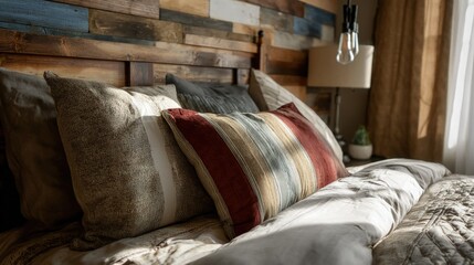 Cozy bedroom interior with decorative pillows and rustic wooden headboard design
