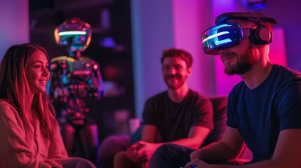 Obraz premium A captivating scene of friends enjoying virtual reality. The atmosphere is vibrant with colorful lights and futuristic design. Technology bridges reality and imagination. Generative AI
